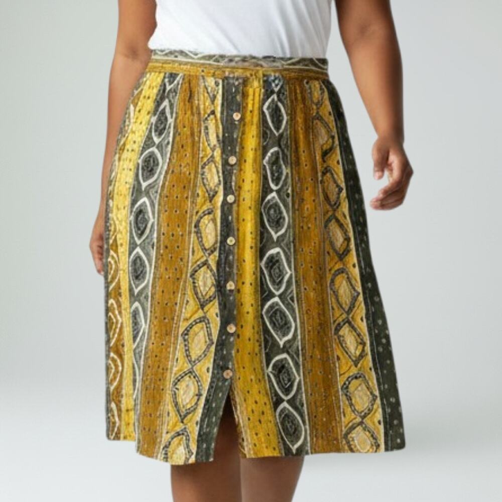 Simply Fashion Vintage Skirt Yellow Geometric Rayon Knee Length Pull On Large